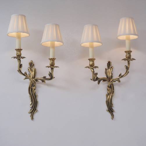 Pair large Rococo style gilt bronze wall lights sconces, acanthus leaf, twin arm, 1950`s ca, French